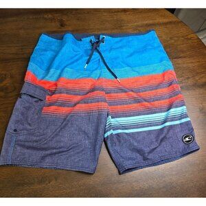 ONeill Mens Size 40 Board Shorts Blue/Red Striped Swim Trunks Polyester Adjustab